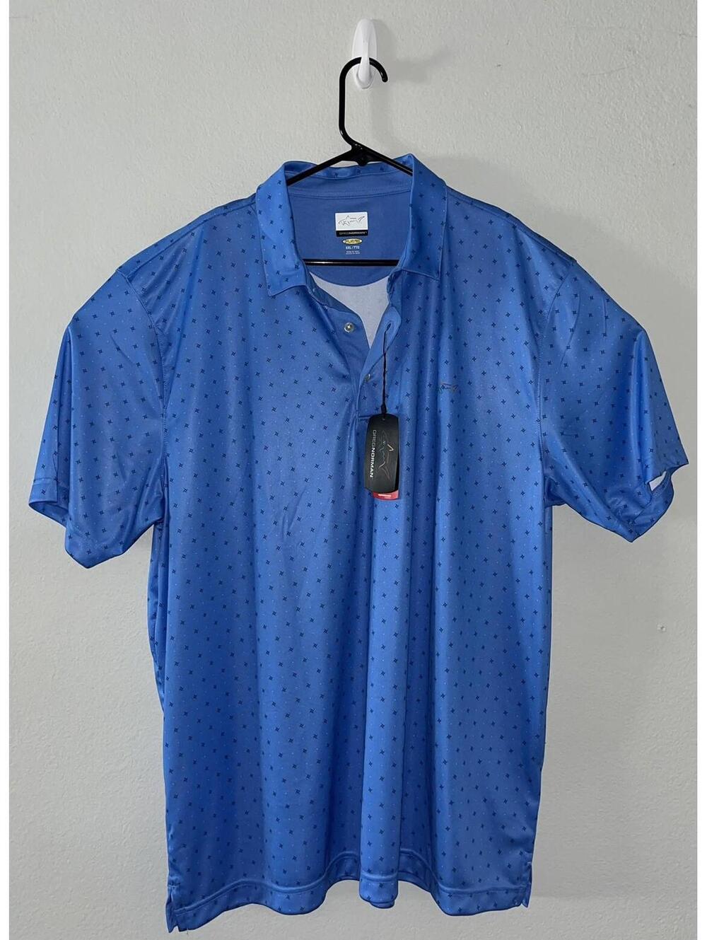 NWT Greg Norman Golf Polo Size XXL Shark Print Blue Geo Print Moisture Wicking